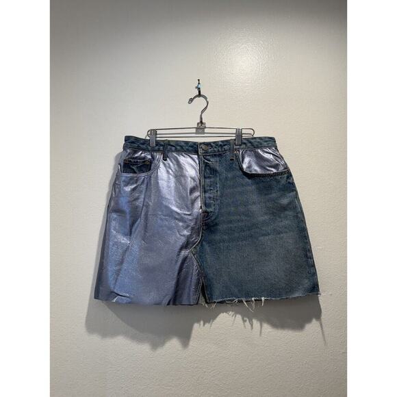 GRLFRND Mini Skirt Size 32 Milla Metallic Leather Panel Denim Two Face Festival - Picture 1 of 8